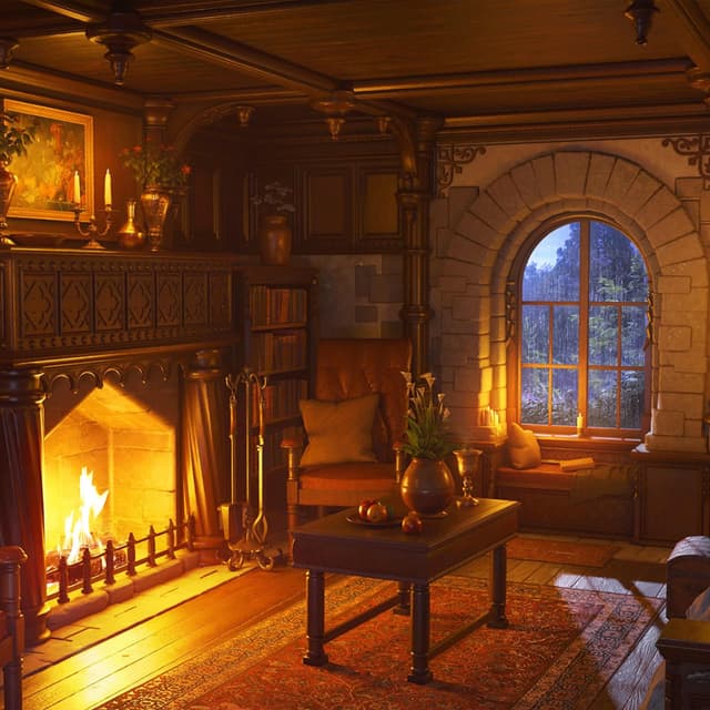 Medieval Room Rain and Thunder Sounds with Fireplace