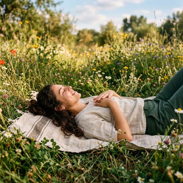 Respira Profundamente Mientras Descansas en un Campo Cubierto de Luz Natural